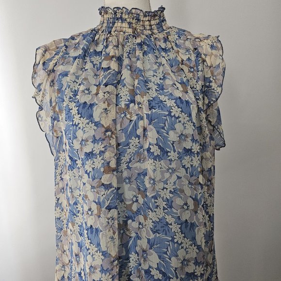 MELLODAY blue BLOUSE top FLORAL lined SMOCKED ruffles BLOUSE - Picture 4 of 12